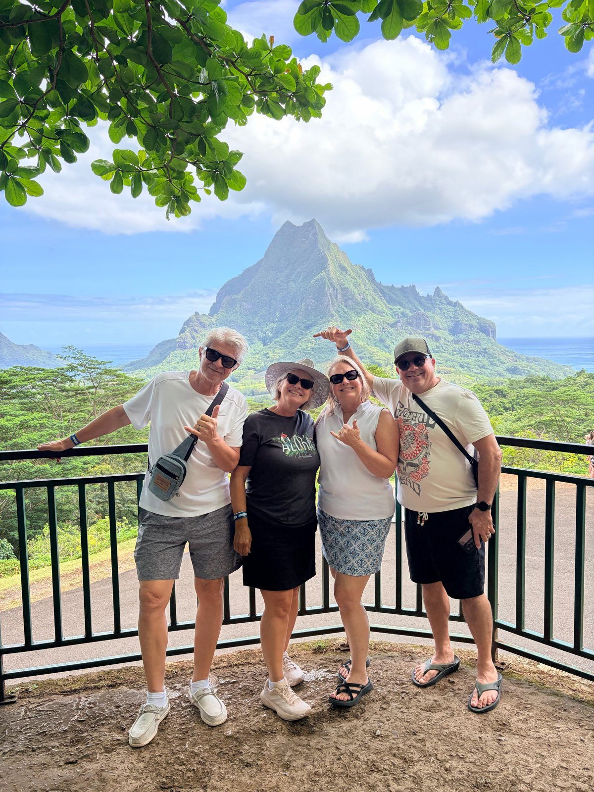 Four friends standing at a mountain lookout with a dramatic green peak behind them